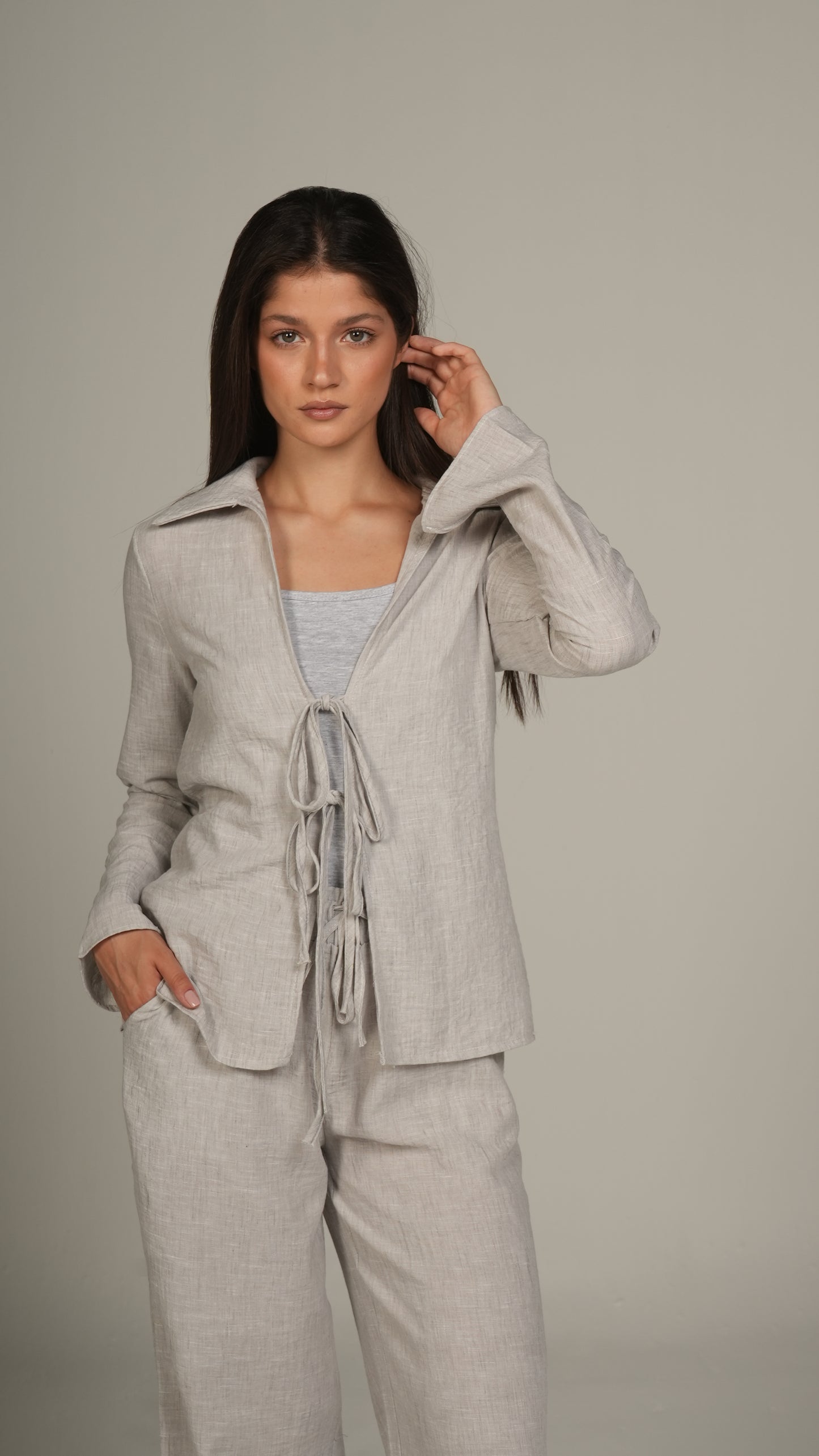 Beige linen set with ties